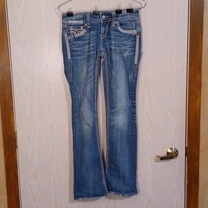 Rock Revival Denisa Jeans, Size 27, Low-Rise, Boot Cut, Bedazzled, Distressed